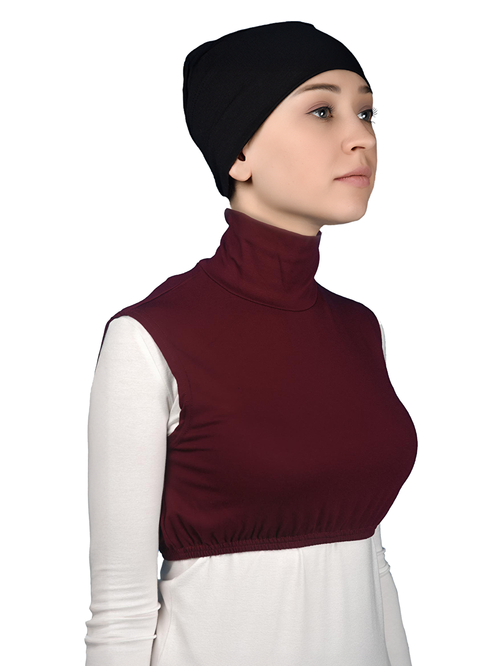 Bordo Sıfır Kol Balıkçı Yaka Tam Boğazlı Elastanlı Penye Kadın Yarım Body