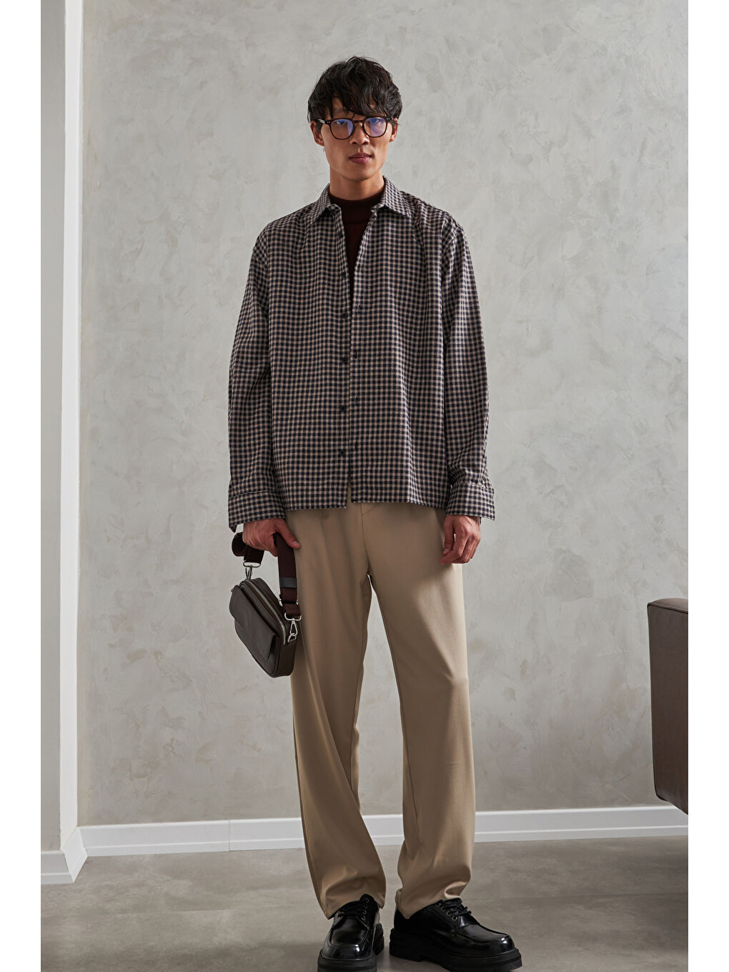 Ekru Erkek Oversize %100 Pamuk Ekose Gömlek-2