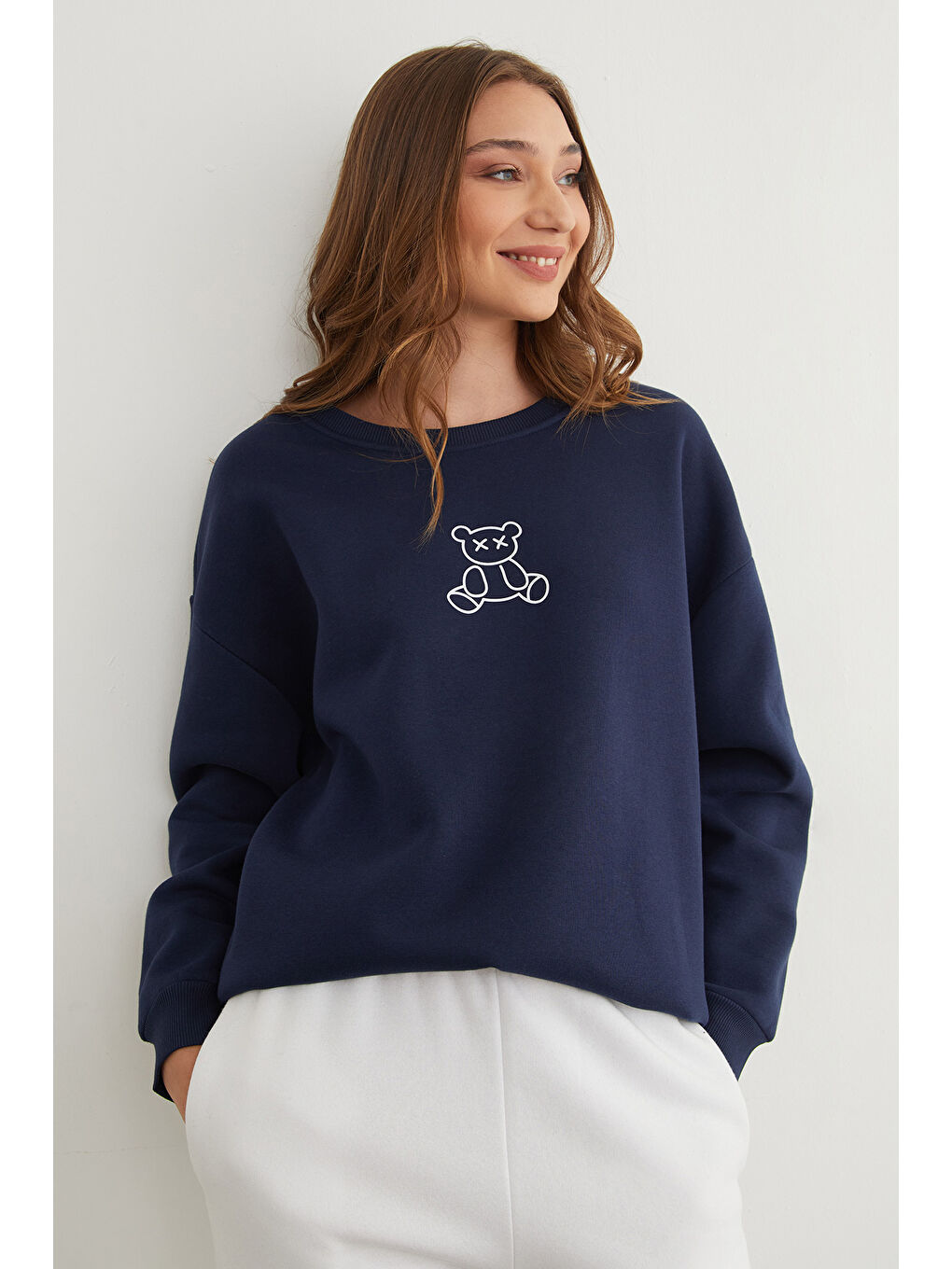 Lacivert 3 İplik Ayıcık Baskılı Bisiklet Yaka Sweatshirt