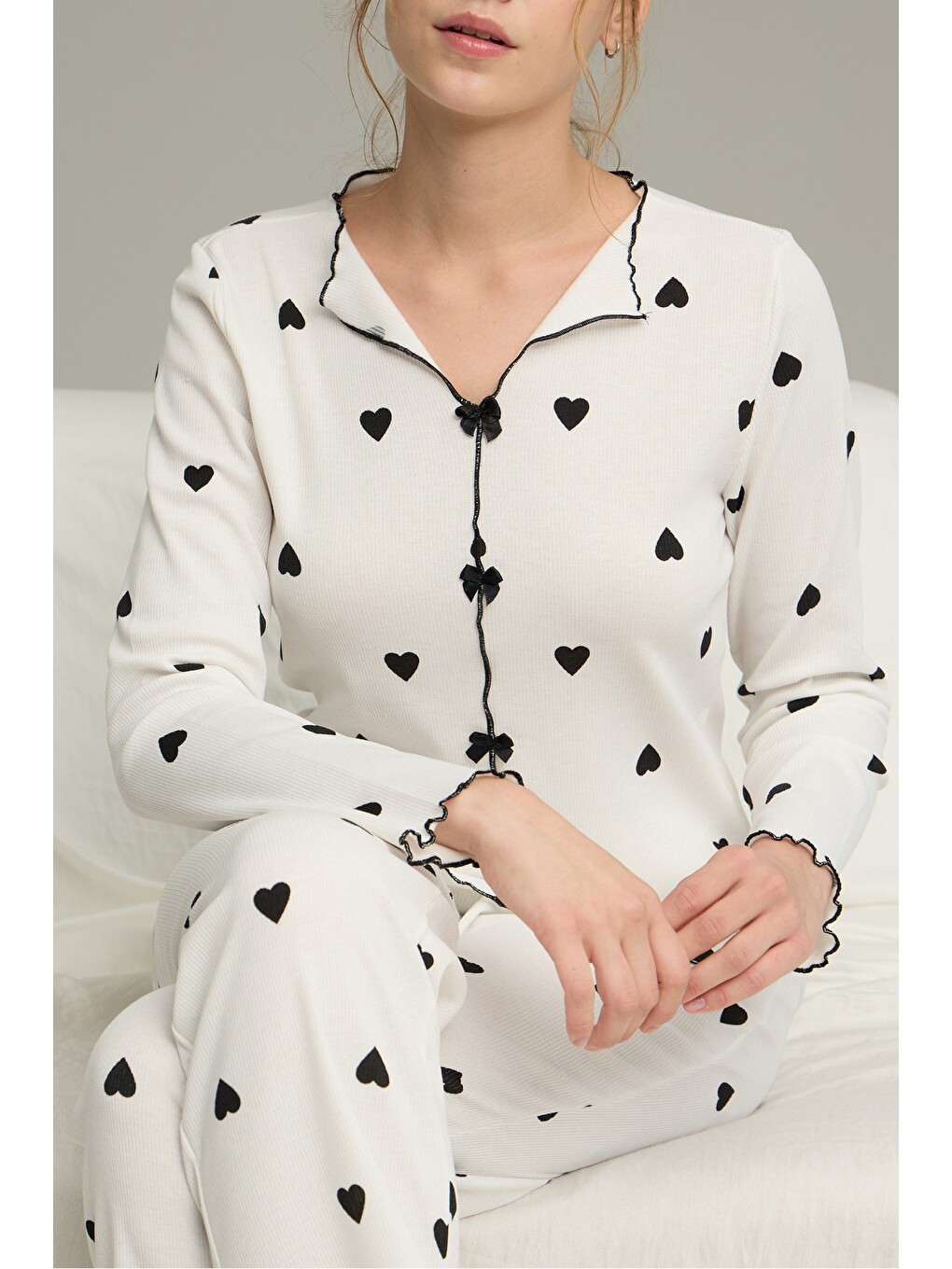 Beyaz Pamuklu Fiyonklu Fitilli Örme Pijama Takım25226004-5-1