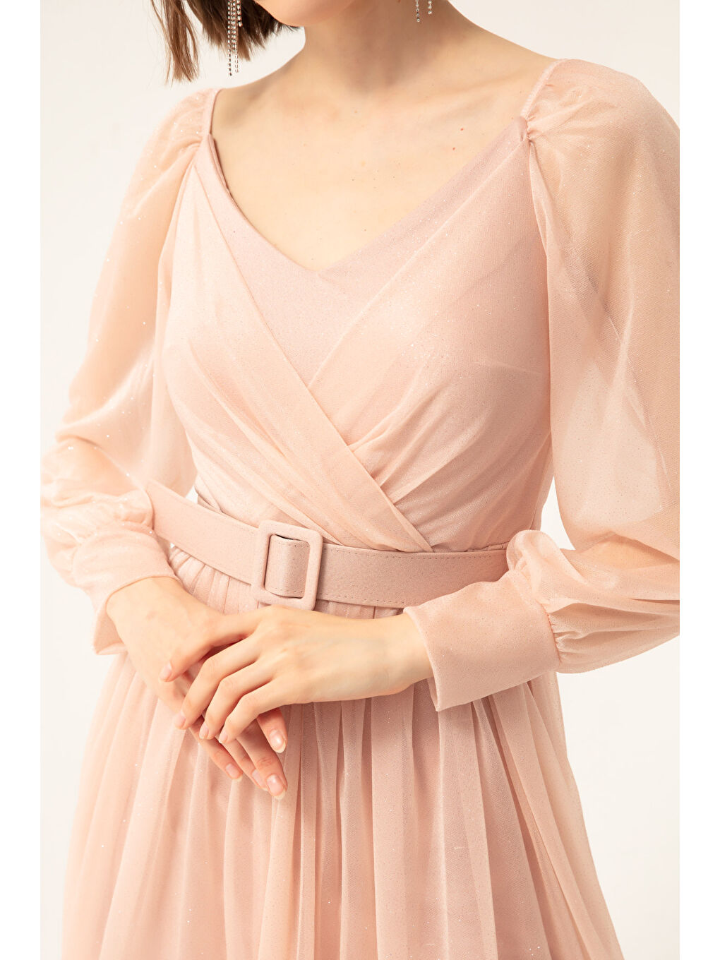 Pembe Kadın Pudra Kemerli Midi Simli Abiye Elbise-3