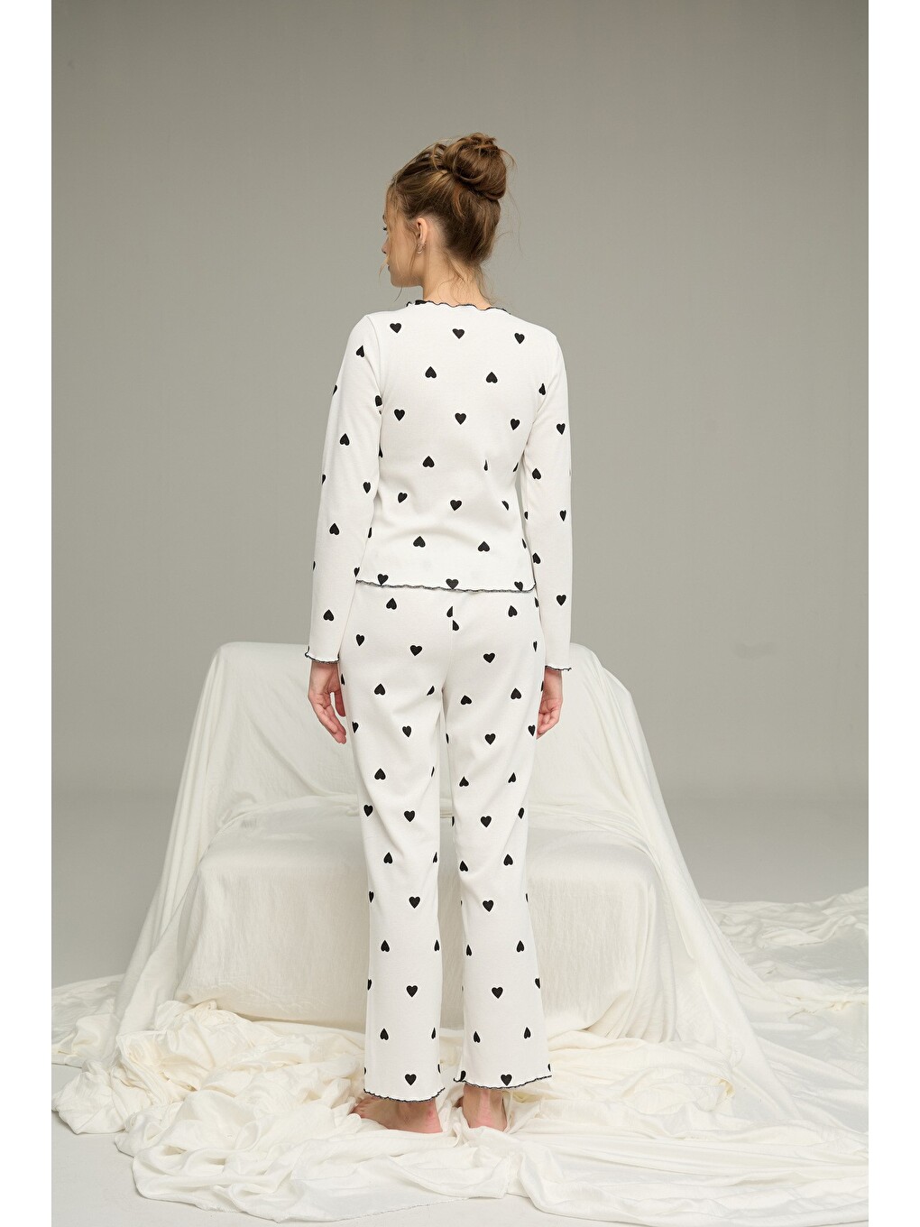 Beyaz Pamuklu Fiyonklu Fitilli Örme Pijama Takım25226004-5-2