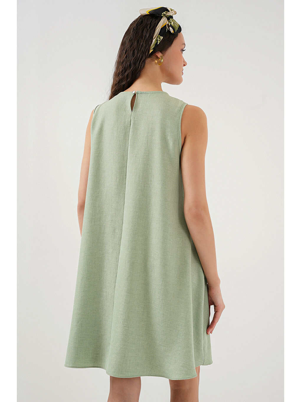 2444 Mini Keten Elbise - E.Yeşil-5