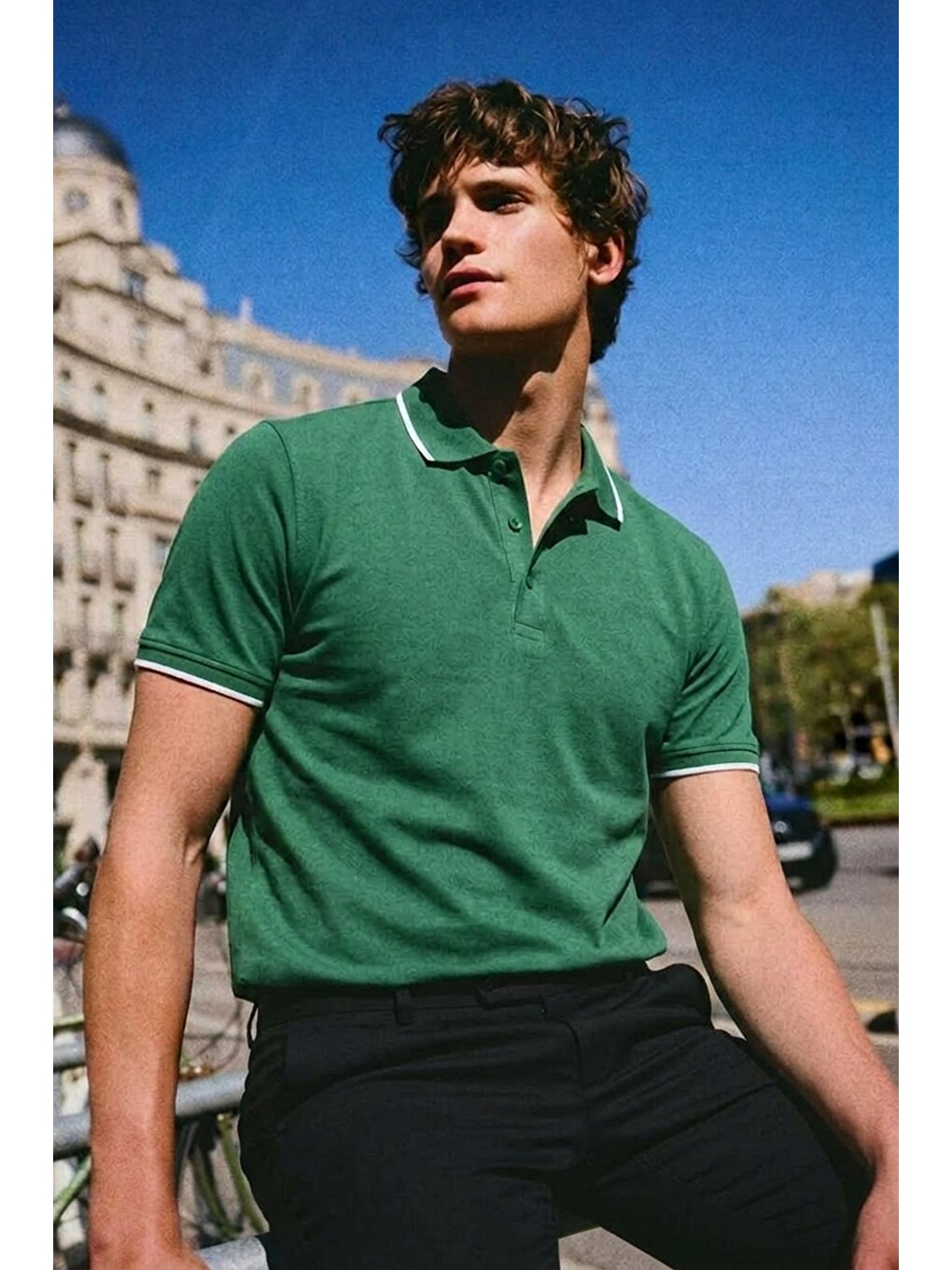 Erkek Basic Klasik Yeşil Polo Yaka Tişört-3