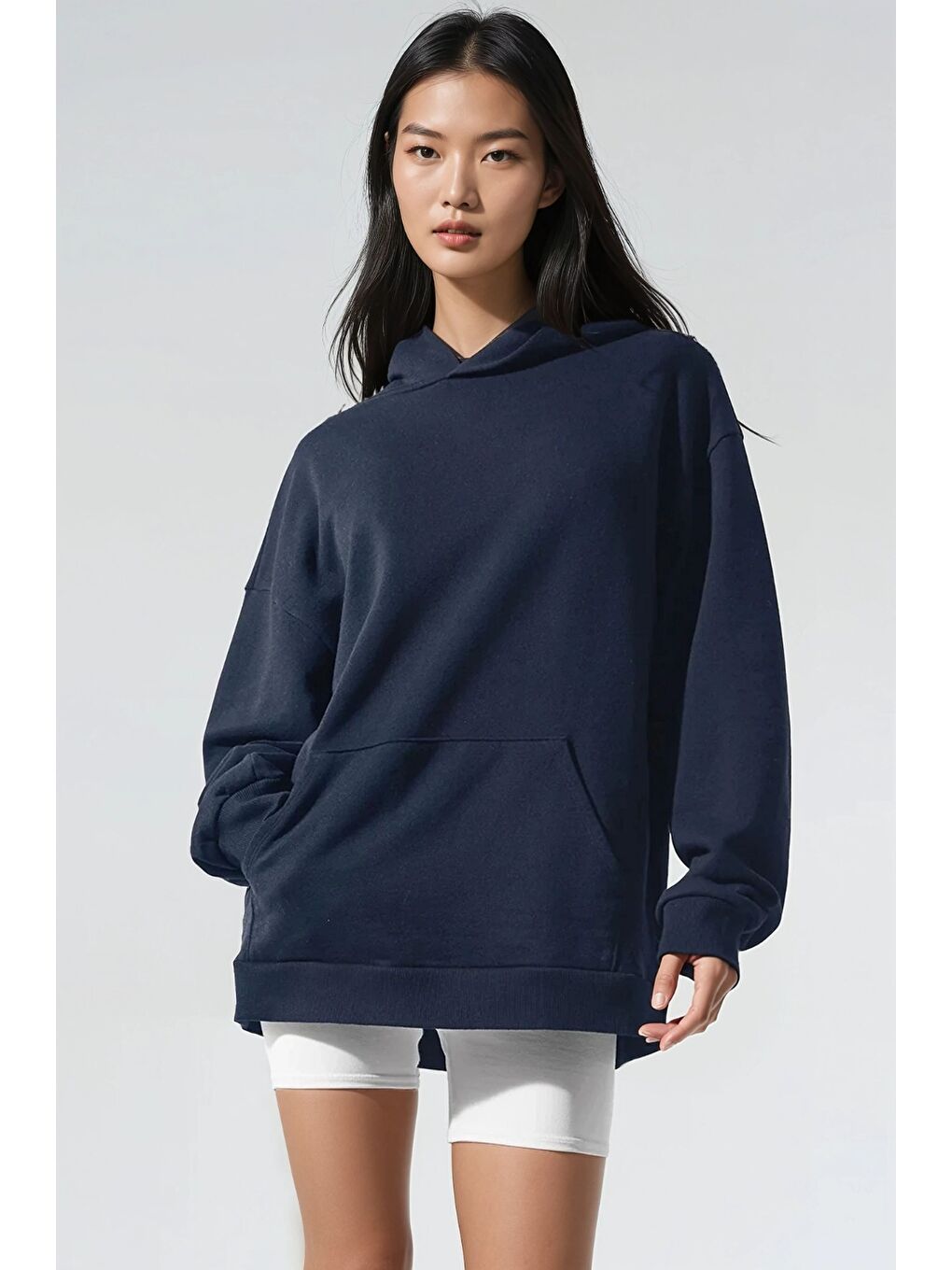 Oversize Lacivert Kapüşonlu Modal Kumaş Sweatshirt-1