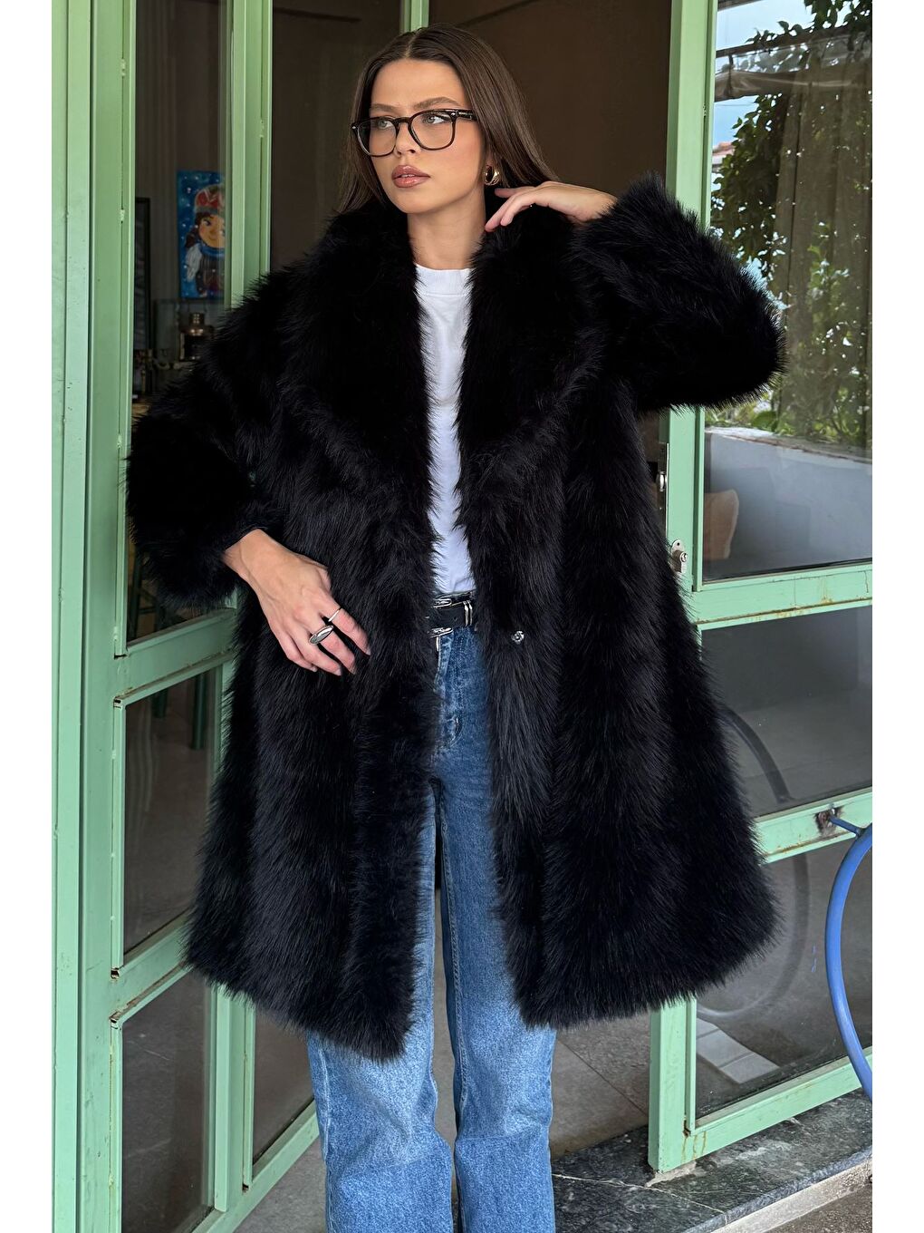 Siyah Kadın Astarlı Kürklü Uzun Mont-2