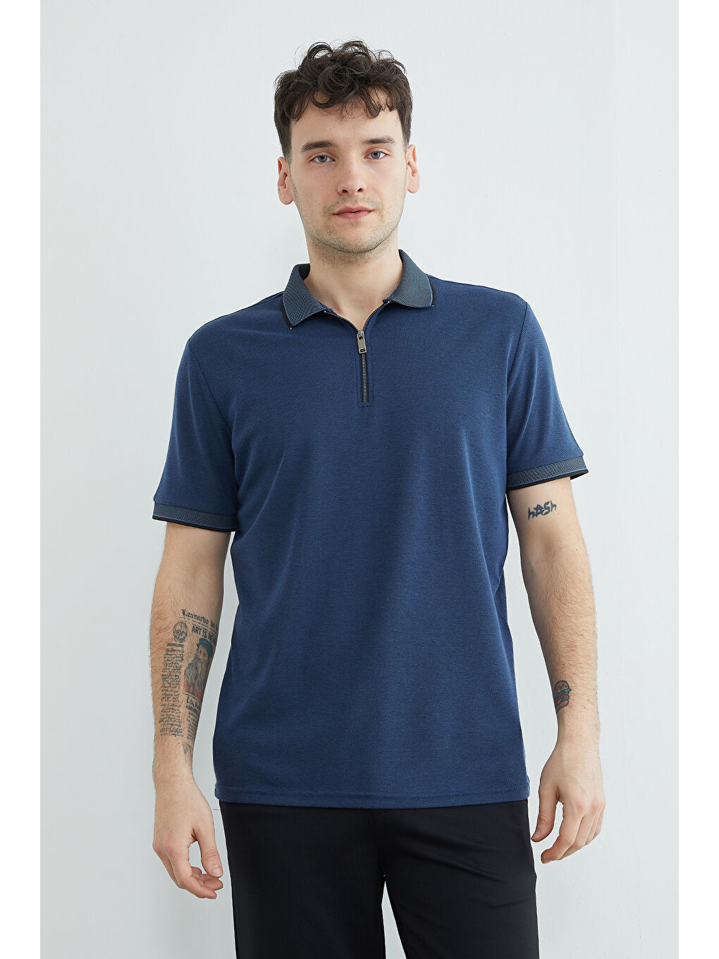 İndigo Yarım Fermuarlı Polo Yaka Tişört-4