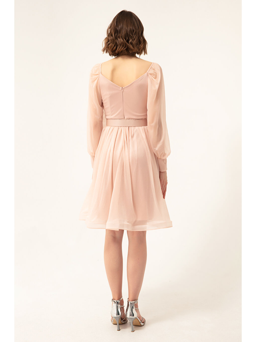 Pembe Kadın Pudra Kemerli Midi Simli Abiye Elbise-4