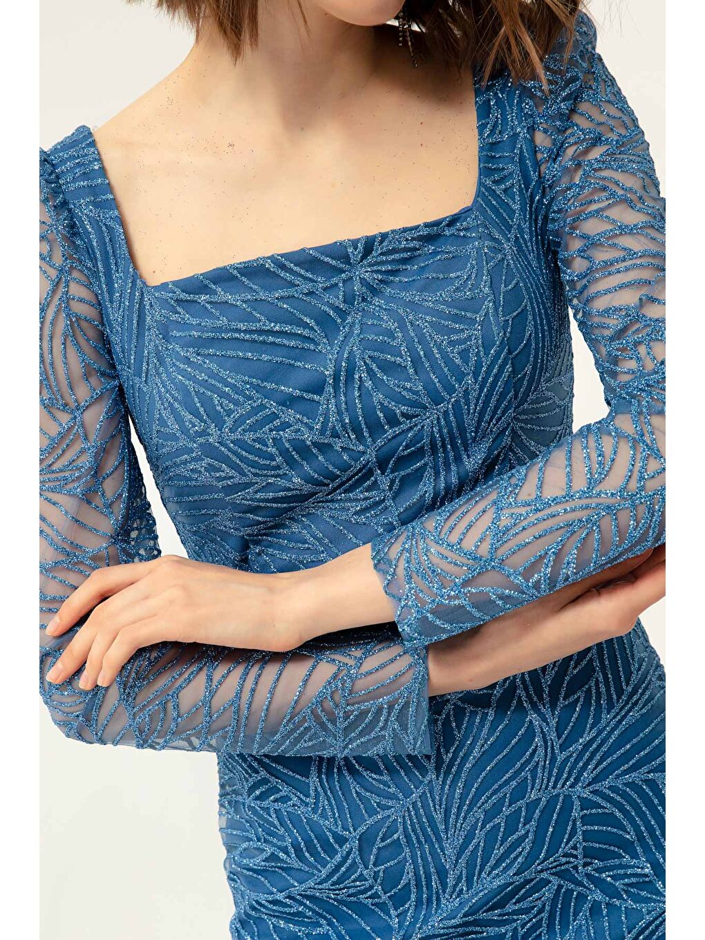 Kadın İndigo Kare Yaka Simli Midi Abiye Elbise-2