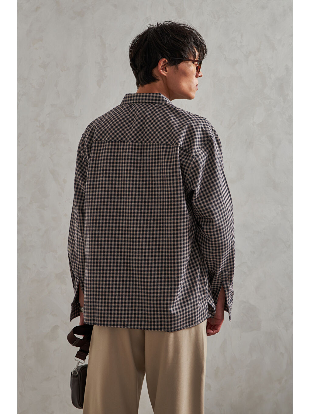 Ekru Erkek Oversize %100 Pamuk Ekose Gömlek-3