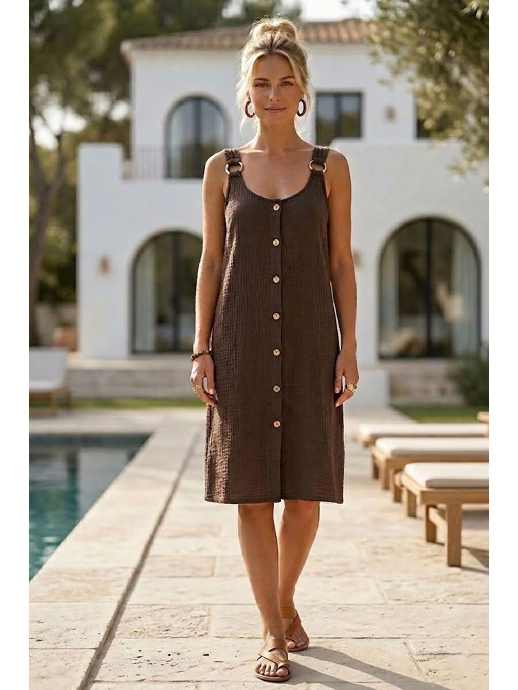 Kahverengi Askılı Düğmeli Cepsiz Metal Halkalı Casual Müslin Dokuma Elbise 102 55-2