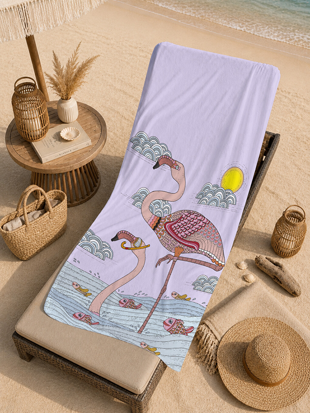 Beyaz Minimal Flamingo Ve Güneş Desenli 70x150 Cm Dijital Baskılı Plaj Ve Banyo Havlusu-4