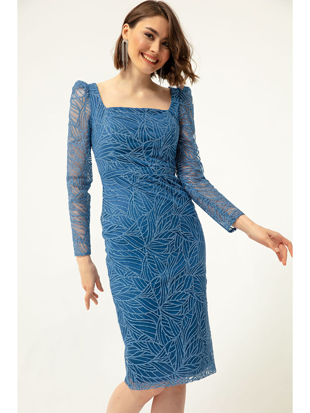 Kadın İndigo Kare Yaka Simli Midi Abiye Elbise-3