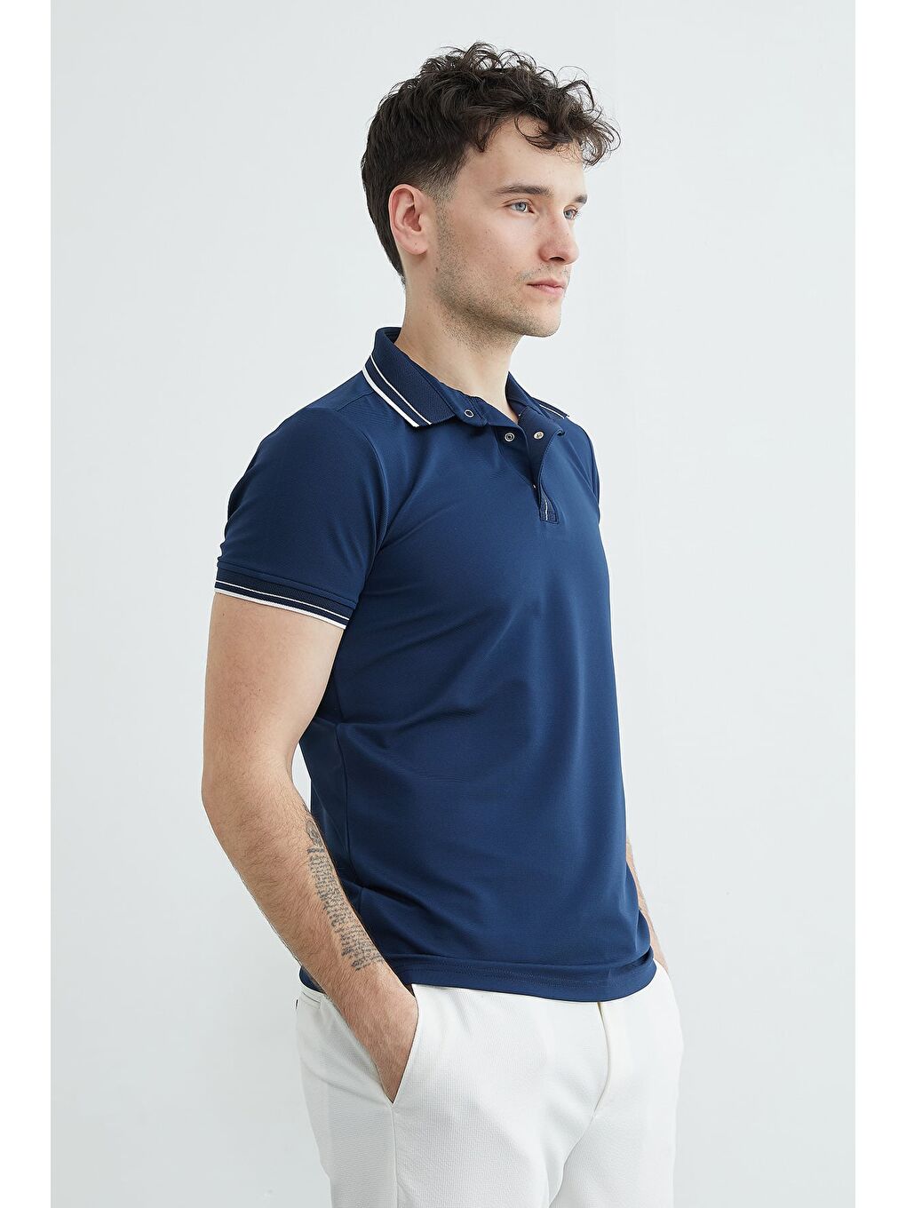 Lacivert Ribanalı Yarım Çıtçıtlı  Polo Yaka Tişört