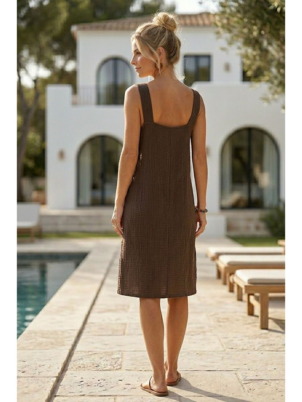 Kahverengi Askılı Düğmeli Cepsiz Metal Halkalı Casual Müslin Dokuma Elbise 102 55-5