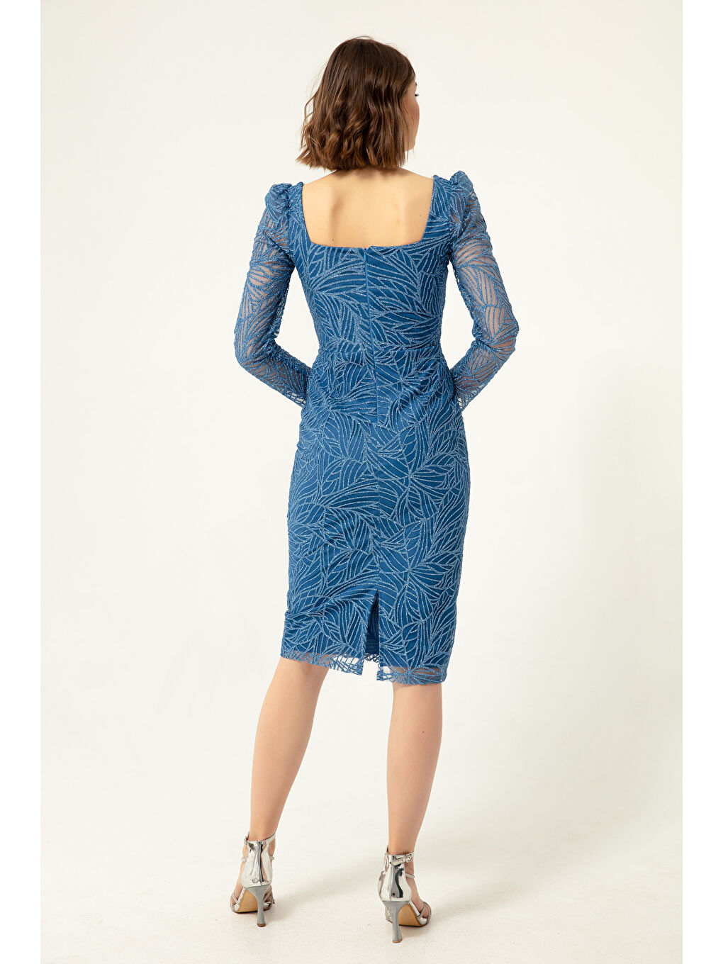 Kadın İndigo Kare Yaka Simli Midi Abiye Elbise-4