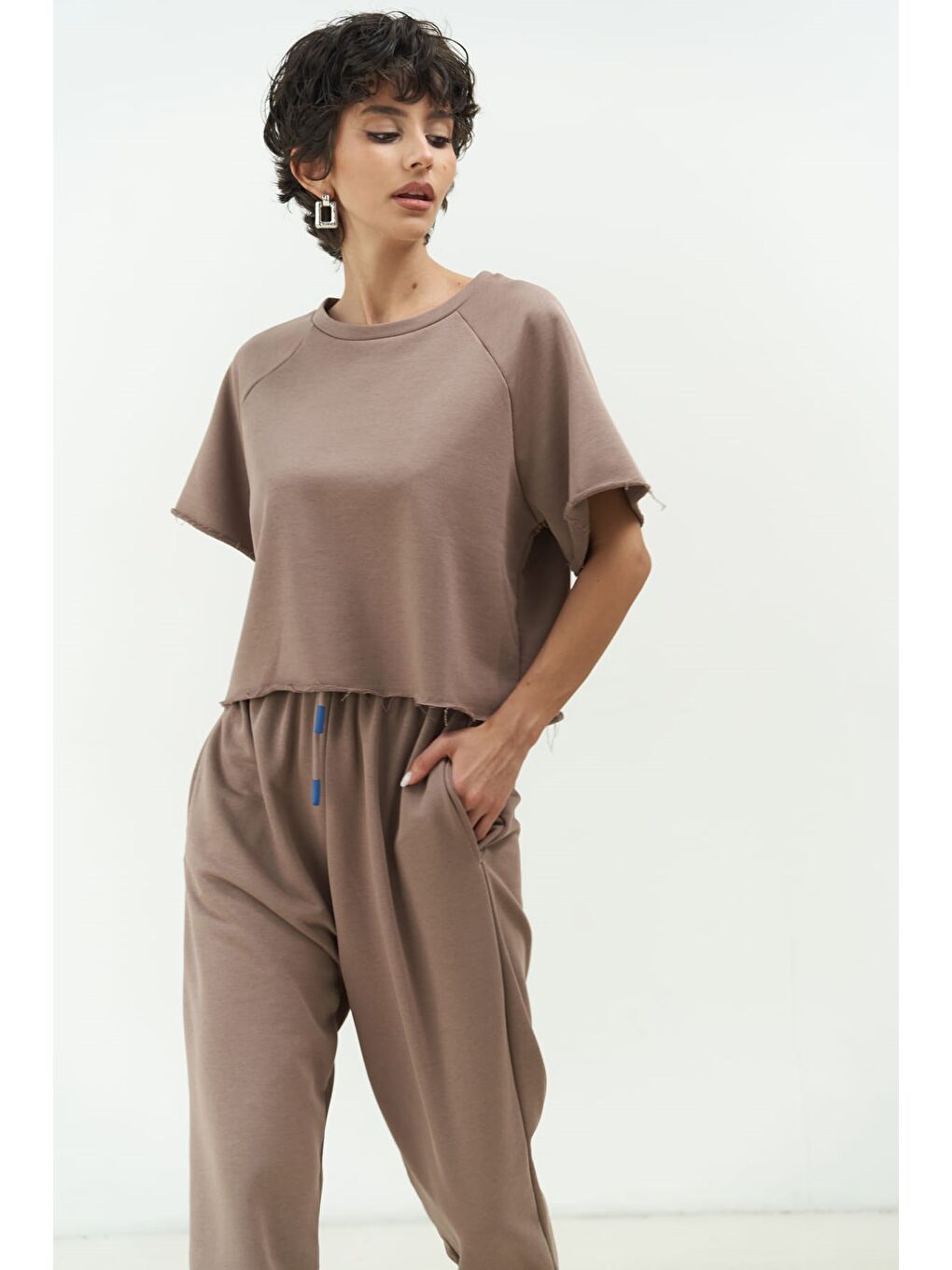 Bej Vero Boz Gri Crop Eşofman Takım-5