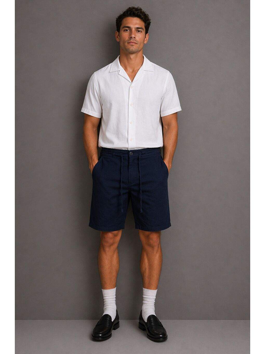 Lacivert Erkek %100 Pamuk Linen Şort Rahat Kesim Yazlık Şort-1
