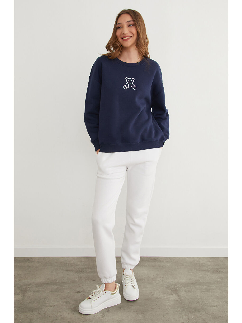 Lacivert 3 İplik Ayıcık Baskılı Bisiklet Yaka Sweatshirt-1