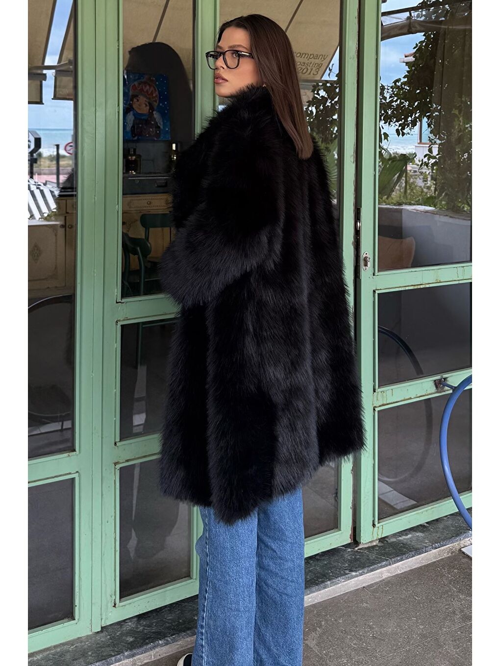 Siyah Kadın Astarlı Kürklü Uzun Mont-5