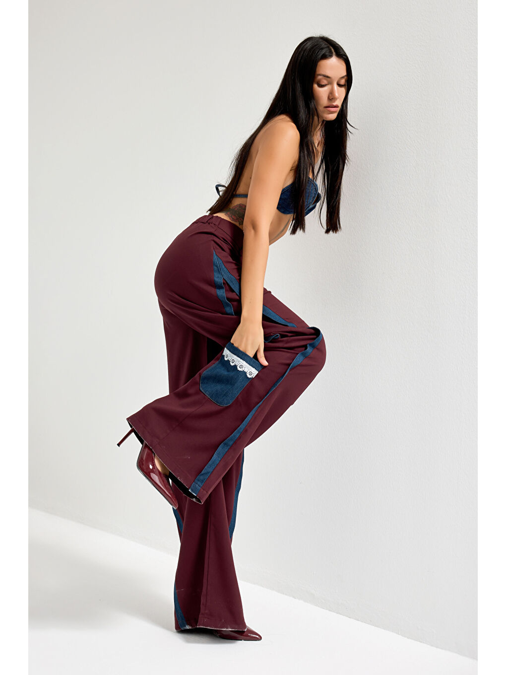 Kadın Bordo Palazzo Fit Denim Detaylı Özel Tasarım Pantolon-1