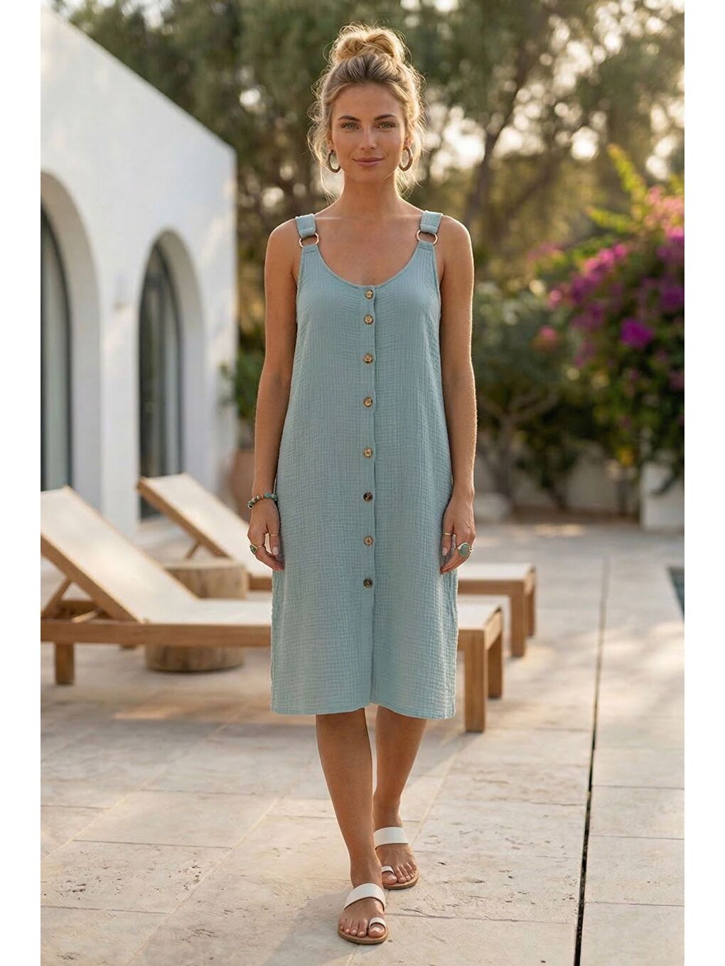 Yeşil Mint Askılı Düğmeli Cepsiz Metal Halkalı Casual Müslin Dokuma Elbise 102 55-1