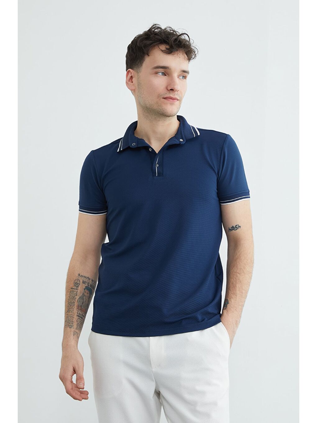 Lacivert Ribanalı Yarım Çıtçıtlı  Polo Yaka Tişört-1