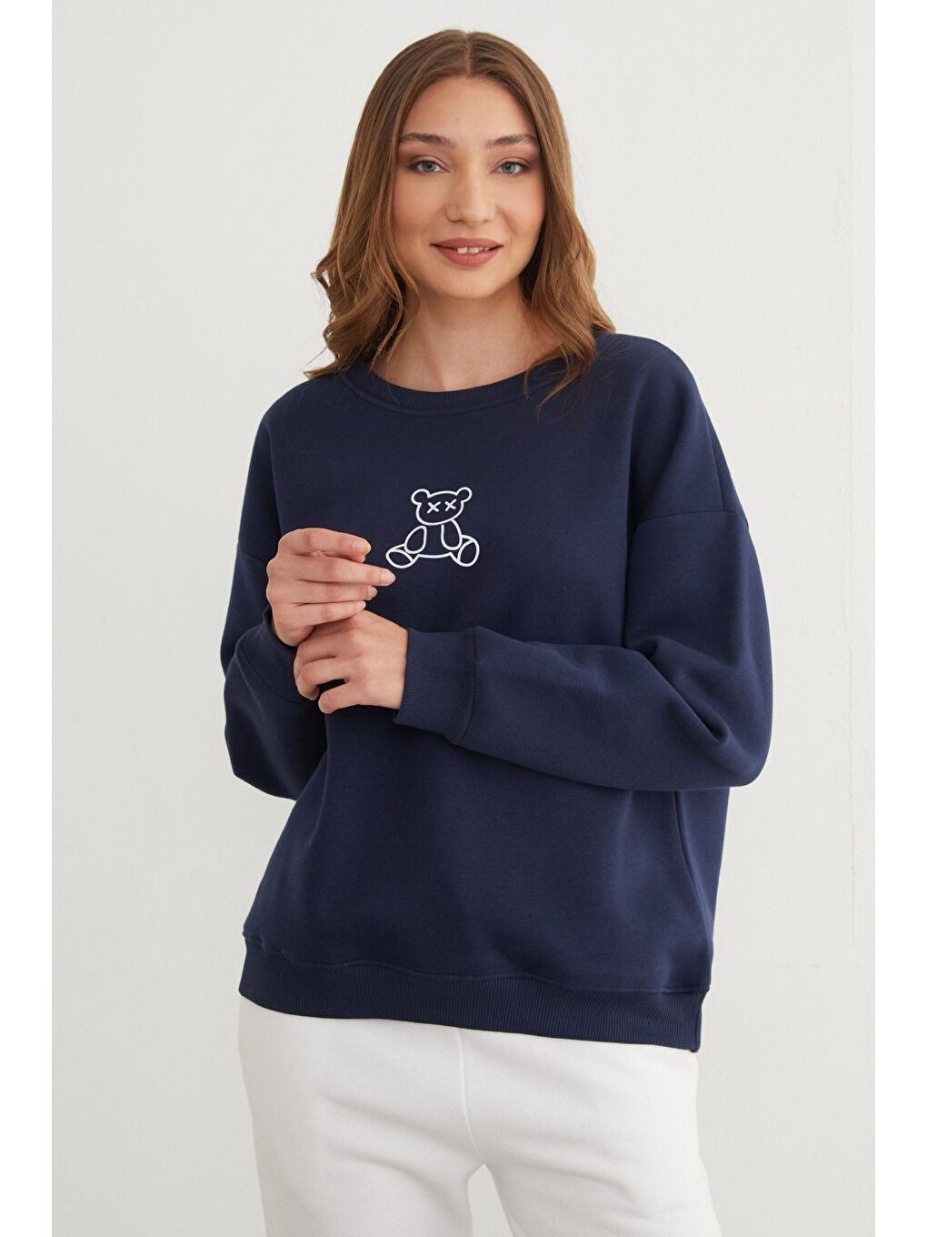 Lacivert 3 İplik Ayıcık Baskılı Bisiklet Yaka Sweatshirt-2