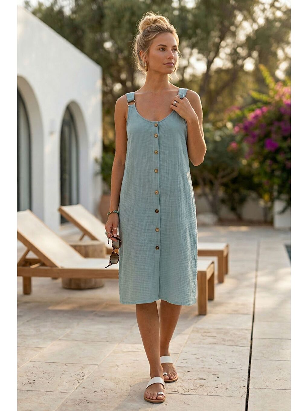 Yeşil Mint Askılı Düğmeli Cepsiz Metal Halkalı Casual Müslin Dokuma Elbise 102 55-2