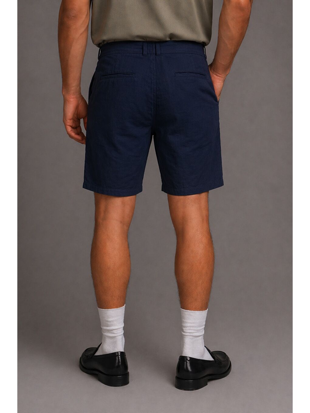 Lacivert Erkek %100 Pamuk Linen Şort Rahat Kesim Yazlık Şort-2