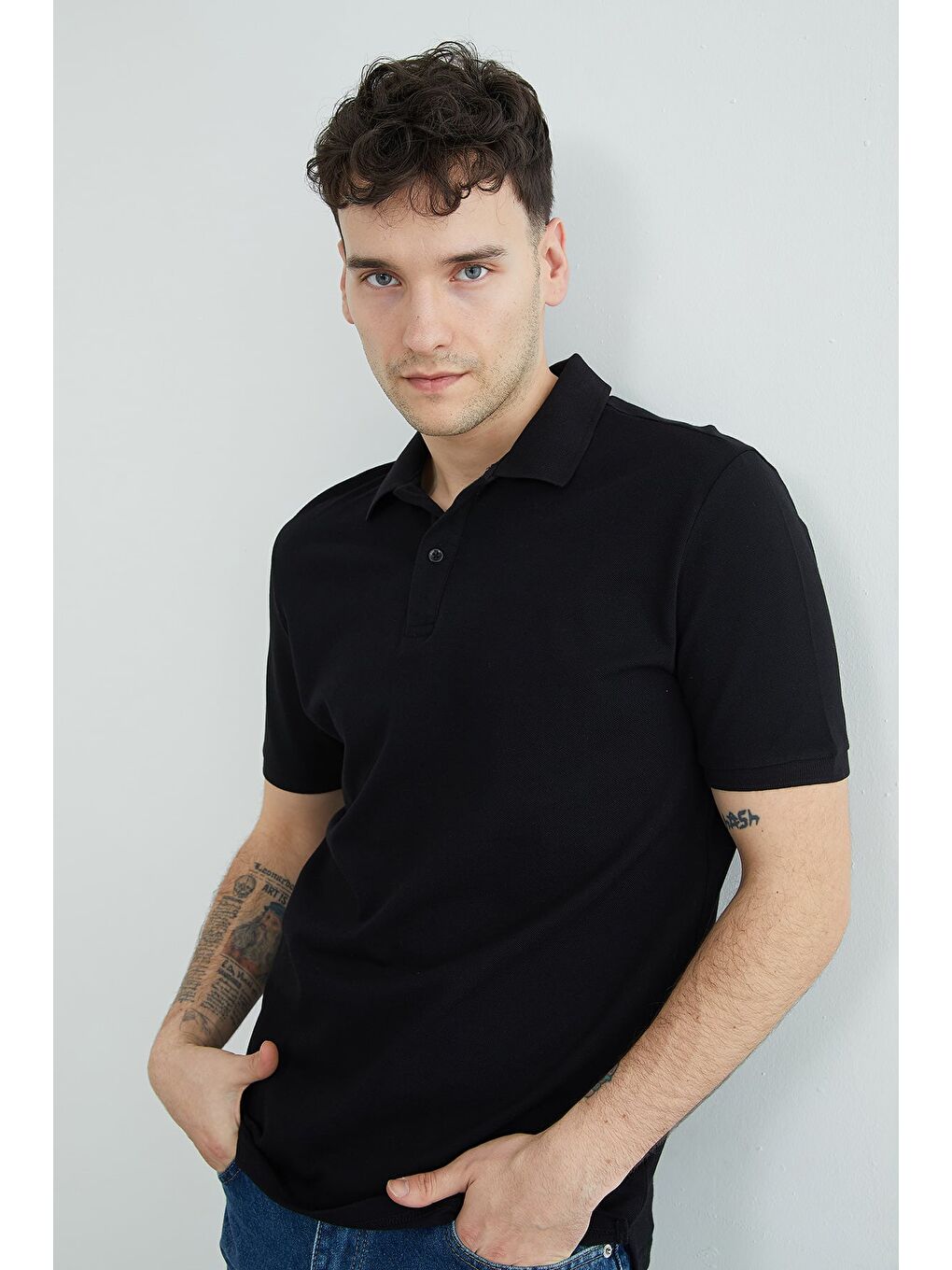 Siyah Basic Polo Yaka Pike Tişört
