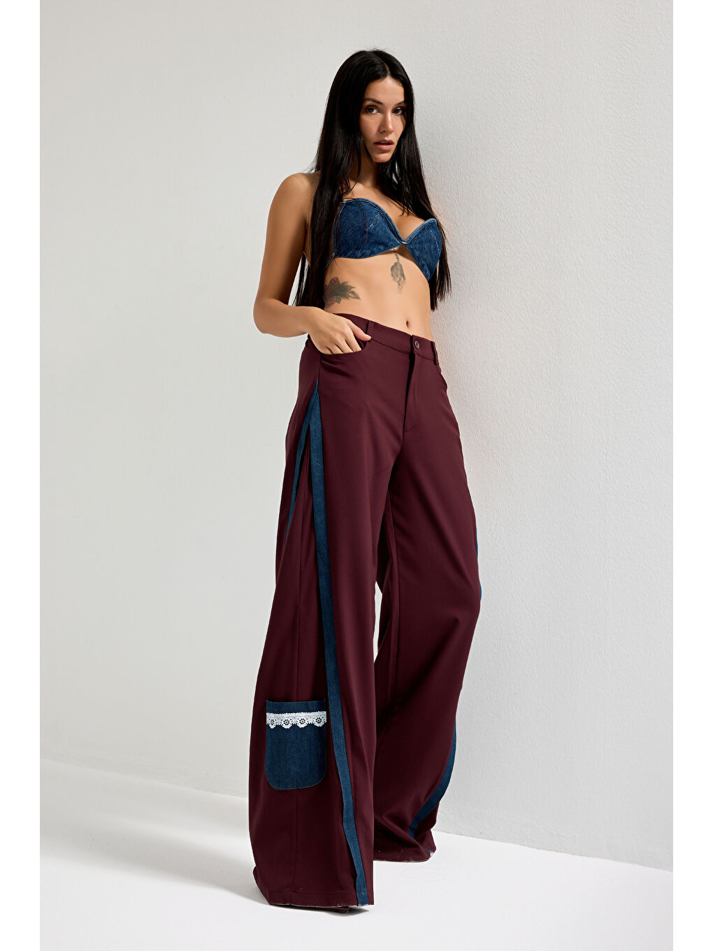 Kadın Bordo Palazzo Fit Denim Detaylı Özel Tasarım Pantolon-2