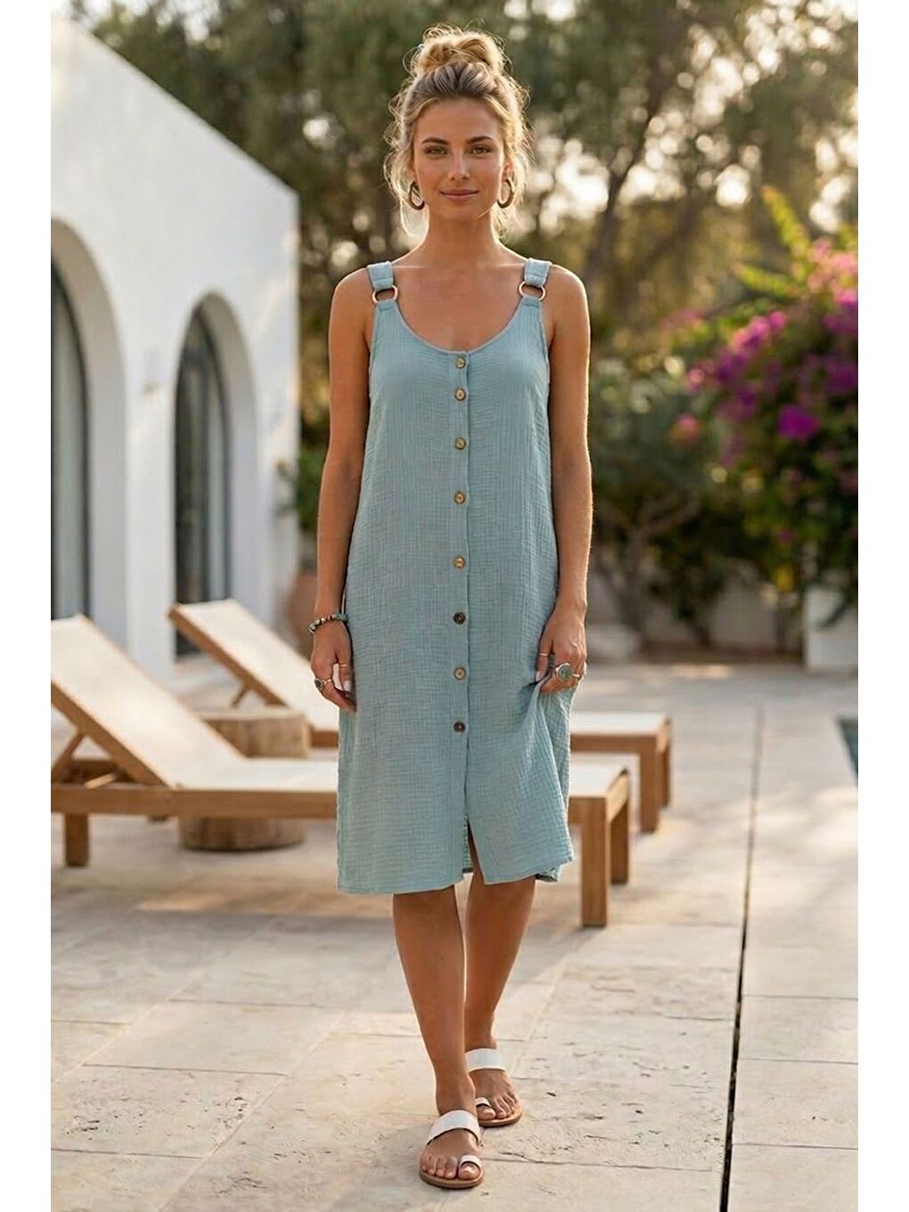 Yeşil Mint Askılı Düğmeli Cepsiz Metal Halkalı Casual Müslin Dokuma Elbise 102 55-3