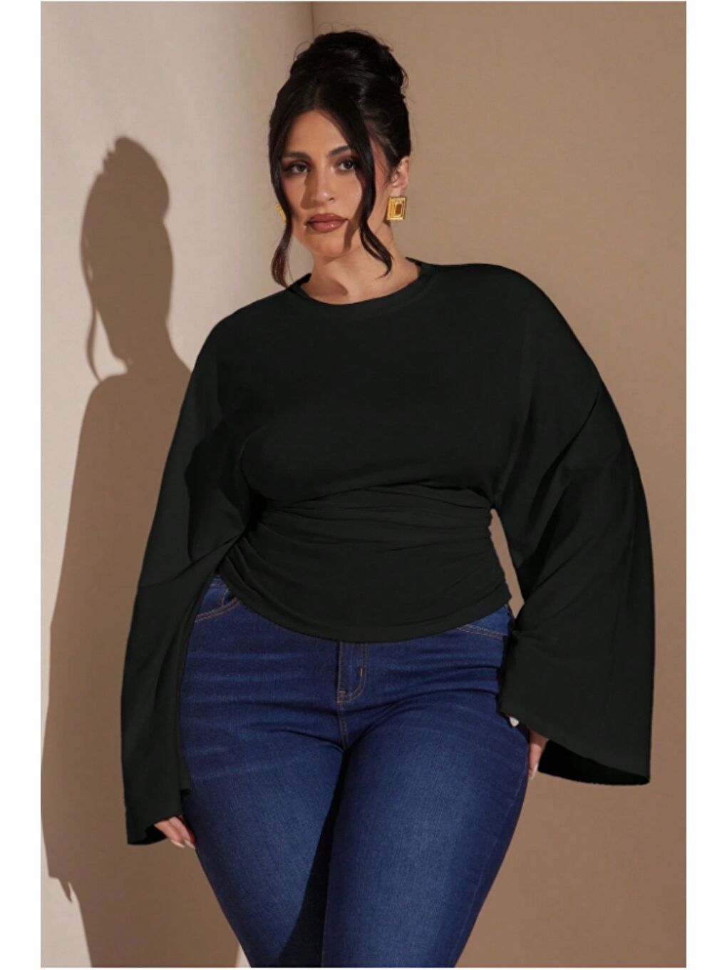 Siyah Büyük Beden Uzun Kollu Günlük Düz Renk Büzgülü Bel Geniş Kollu T-Shirt