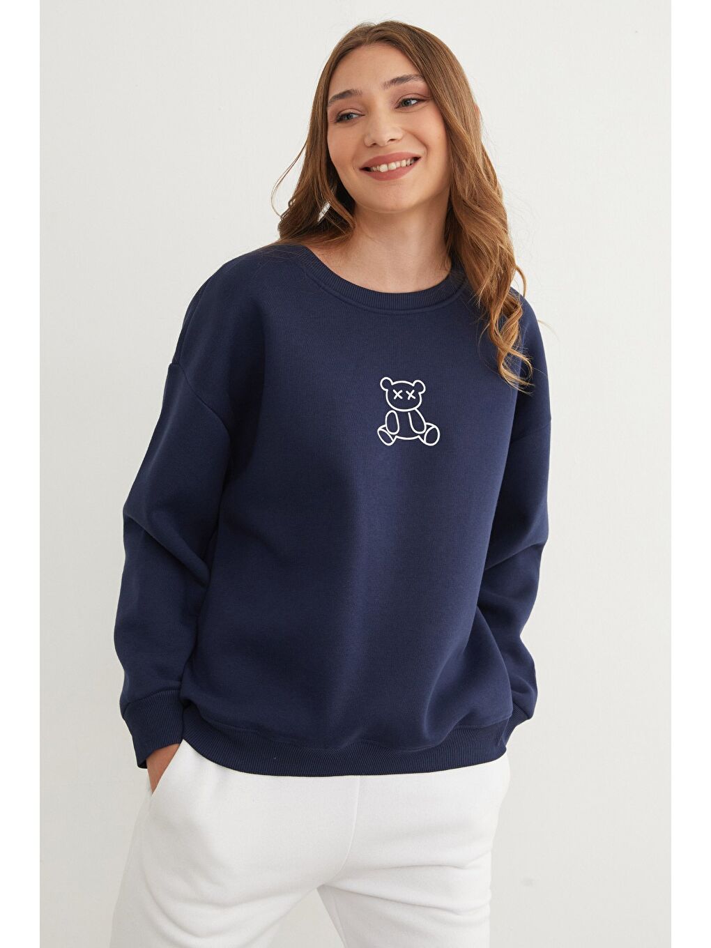 Lacivert 3 İplik Ayıcık Baskılı Bisiklet Yaka Sweatshirt-3