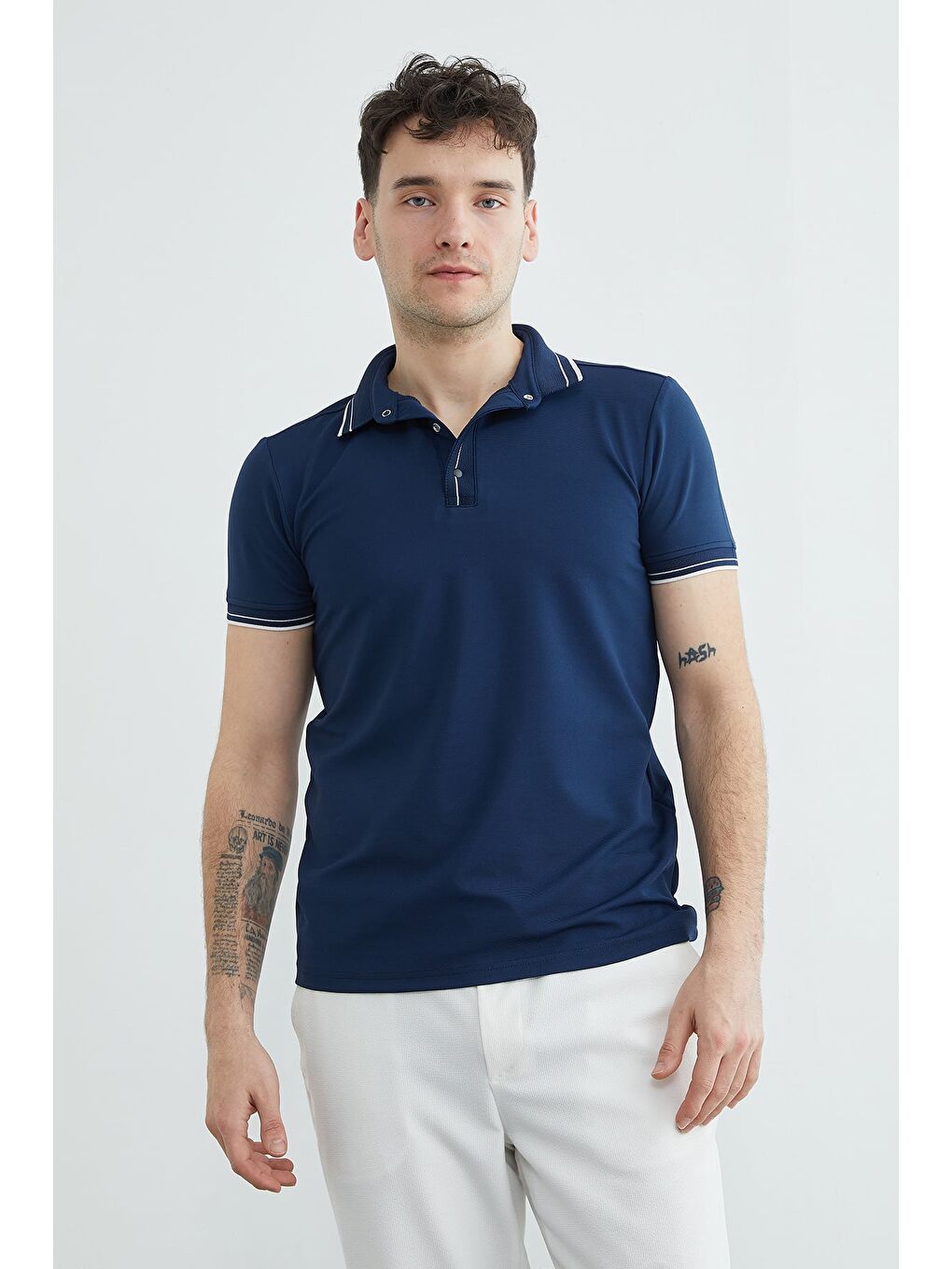 Lacivert Ribanalı Yarım Çıtçıtlı  Polo Yaka Tişört-2