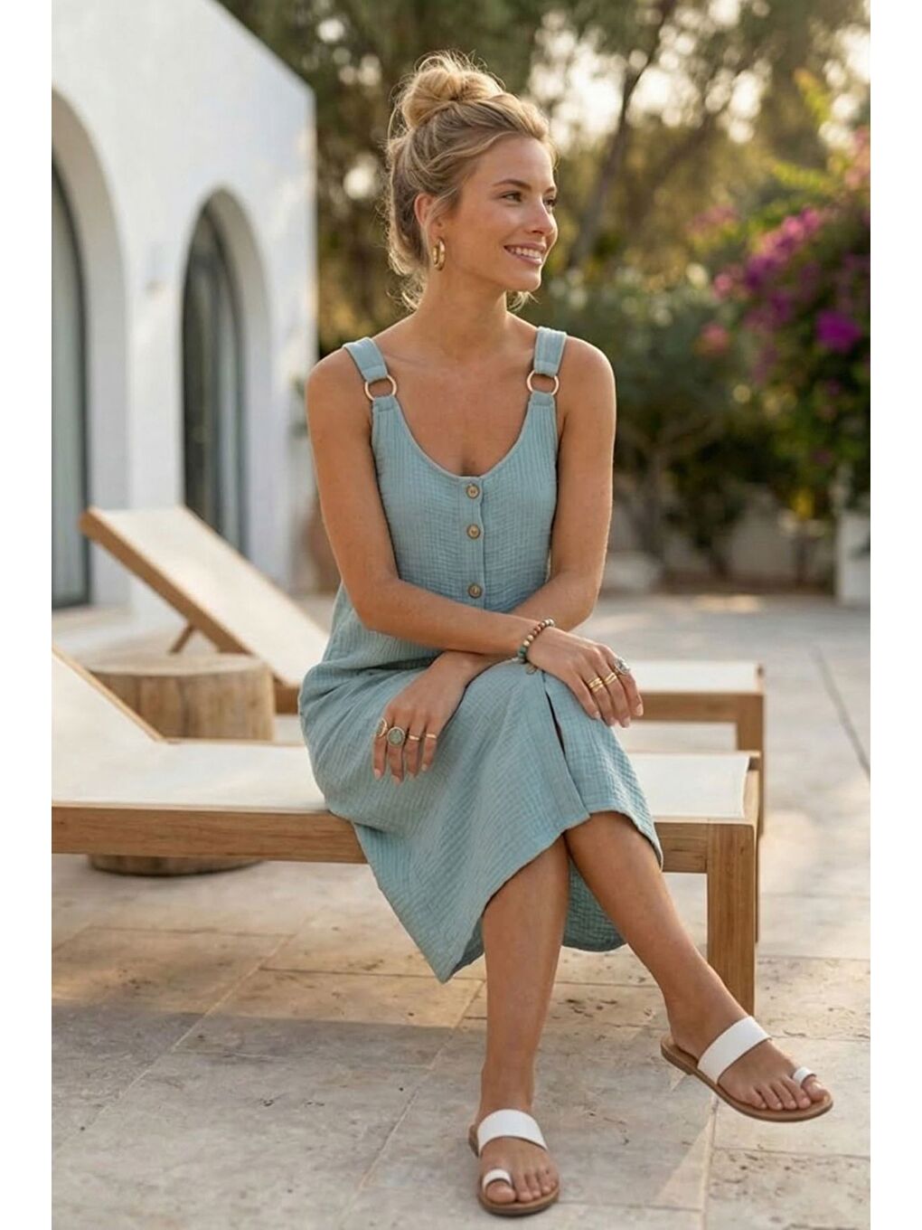 Yeşil Mint Askılı Düğmeli Cepsiz Metal Halkalı Casual Müslin Dokuma Elbise 102 55-4