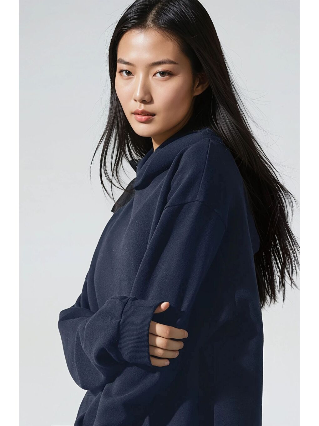 Oversize Lacivert Kapüşonlu Modal Kumaş Sweatshirt-3