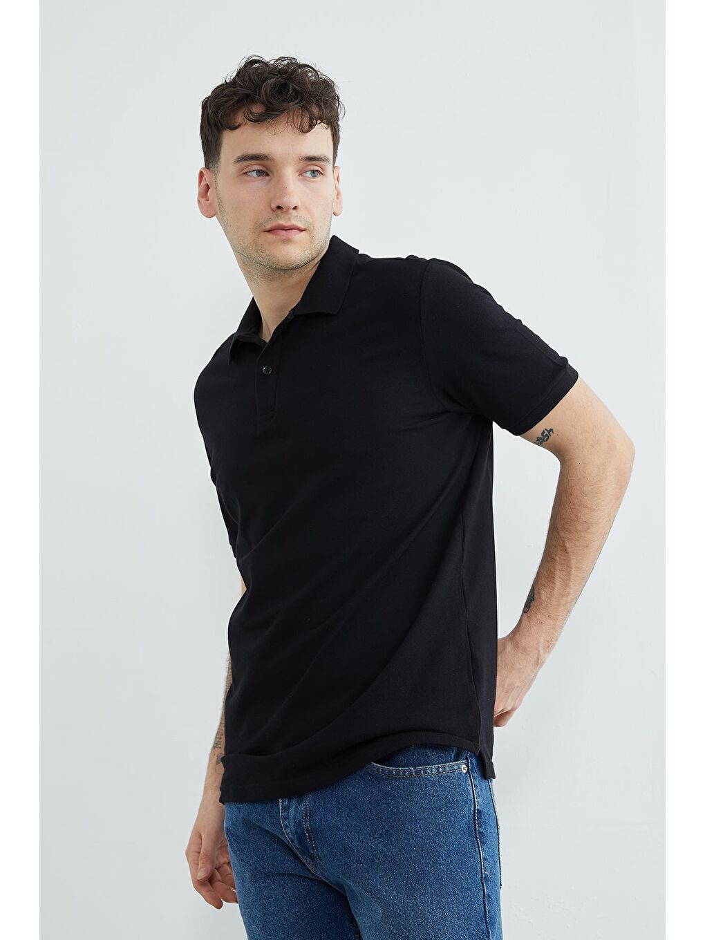 Siyah Basic Polo Yaka Pike Tişört-4
