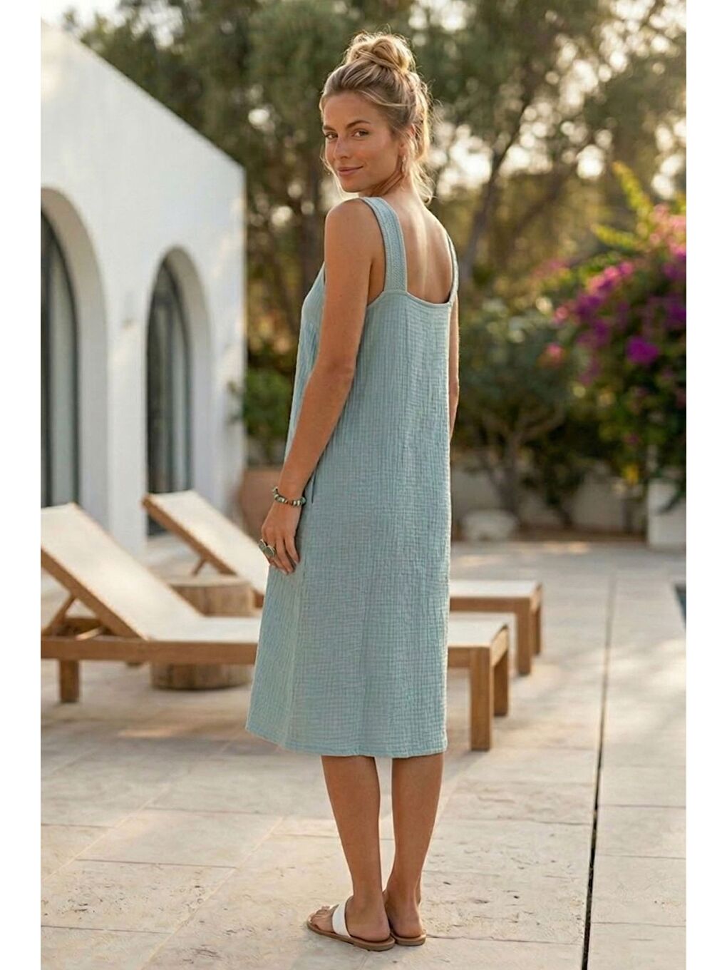 Yeşil Mint Askılı Düğmeli Cepsiz Metal Halkalı Casual Müslin Dokuma Elbise 102 55-5