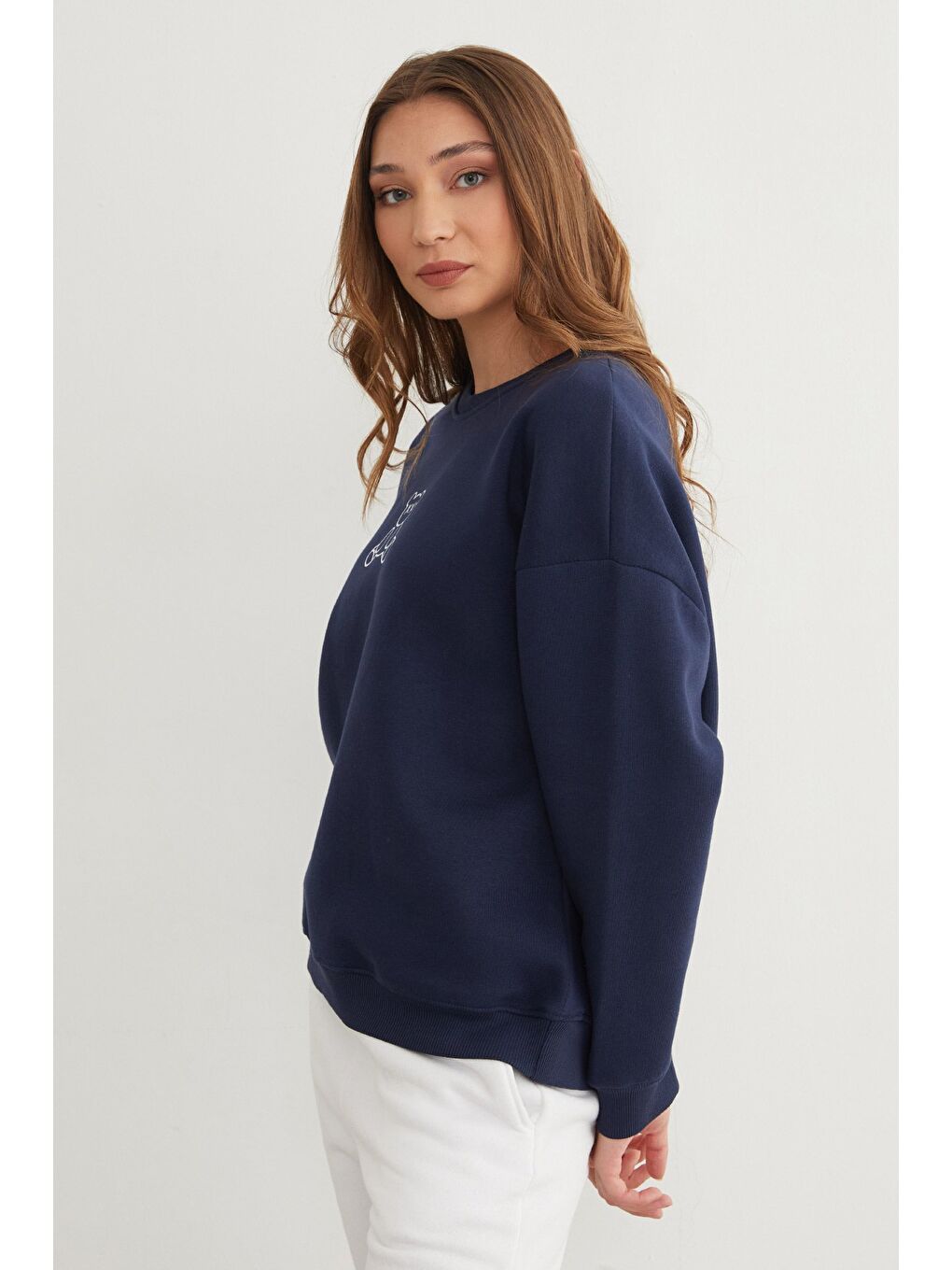 Lacivert 3 İplik Ayıcık Baskılı Bisiklet Yaka Sweatshirt-4