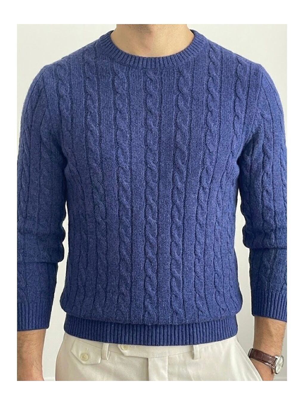 Lacivert Erkek Bisiklet Yaka Slim Fit Saç Örgülü Triko Kazak-1