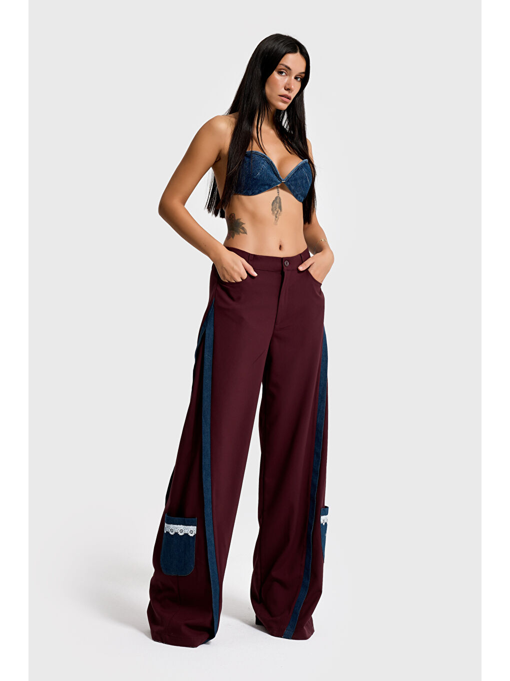 Kadın Bordo Palazzo Fit Denim Detaylı Özel Tasarım Pantolon-4