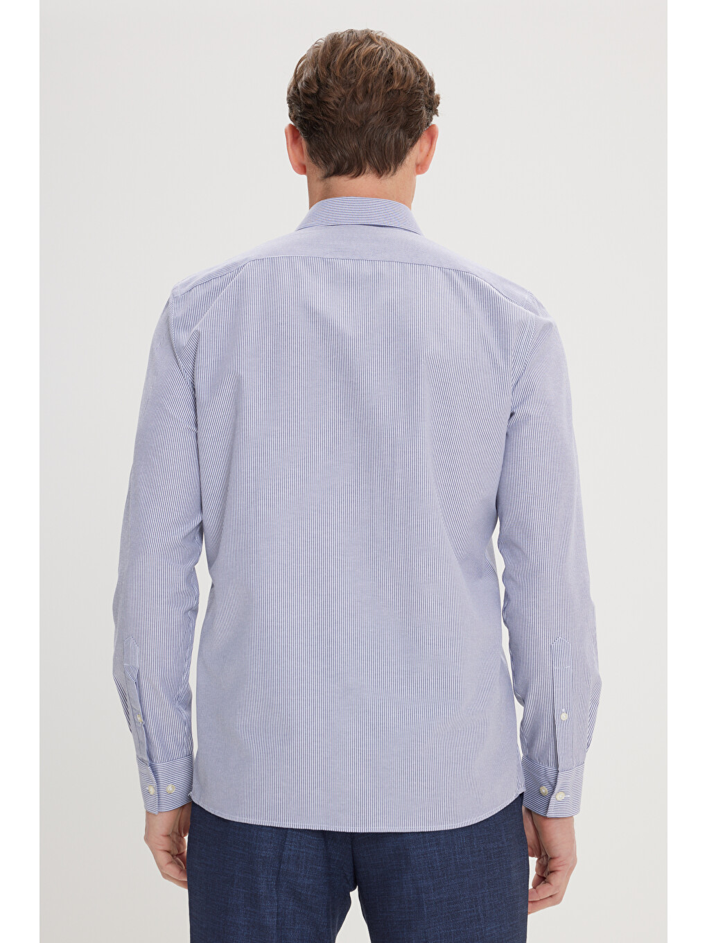 Erkek Lacivert-Beyaz Slim Fit Dar Kesim Klasik Yaka Pamuklu Armürlü Gömlek-4