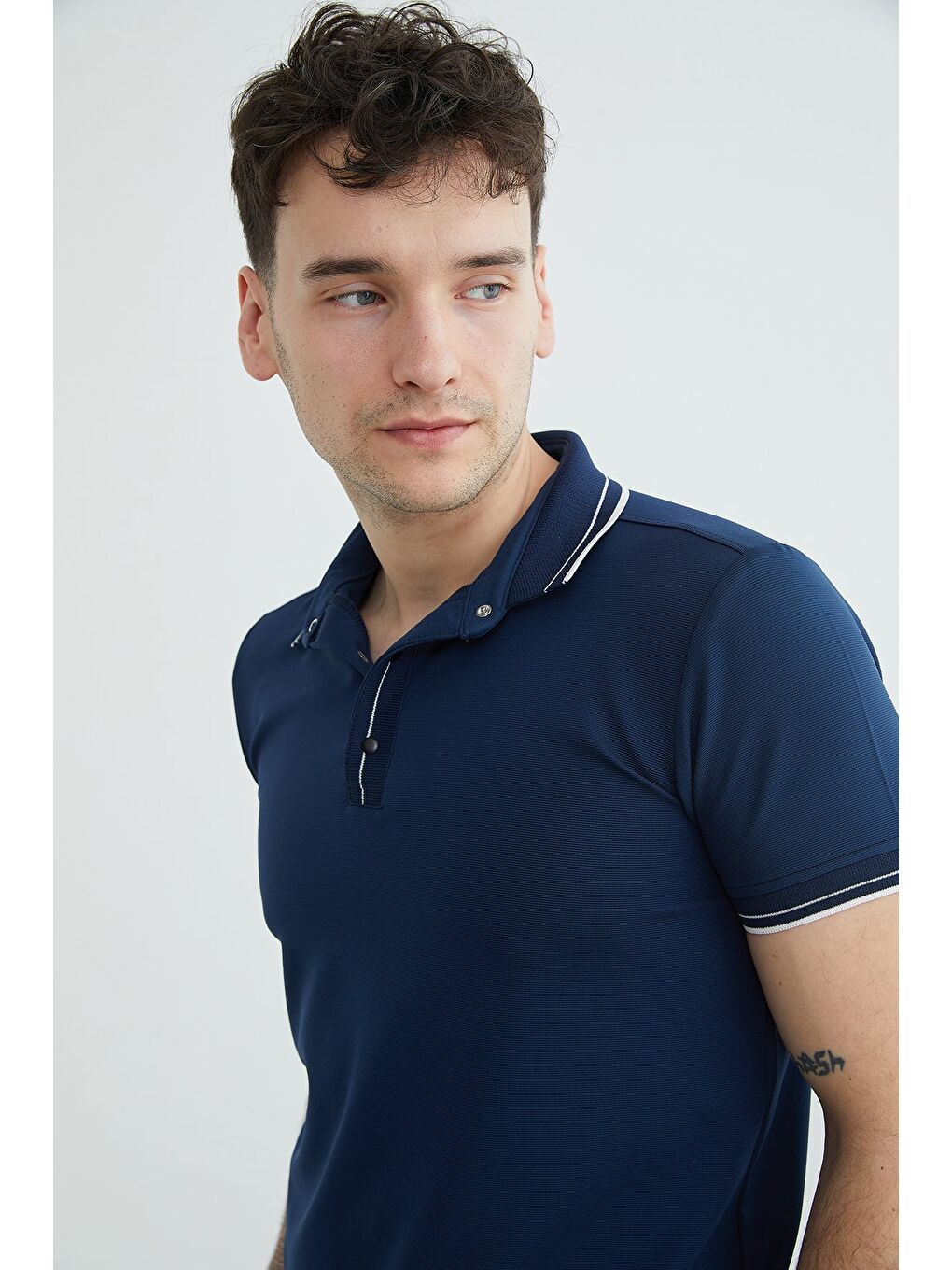 Lacivert Ribanalı Yarım Çıtçıtlı  Polo Yaka Tişört-4