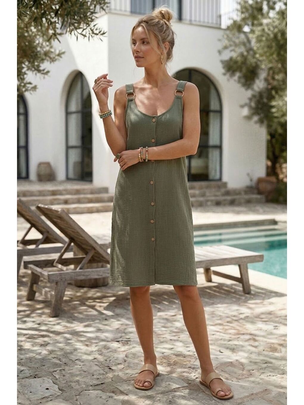 Haki Askılı Düğmeli Cepsiz Metal Halkalı Casual Müslin Dokuma Elbise 102 55