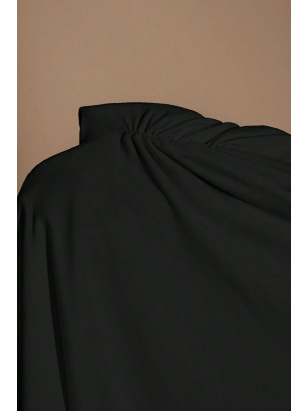 Siyah Büyük Beden Uzun Kollu Günlük Düz Renk Büzgülü Bel Geniş Kollu T-Shirt-1