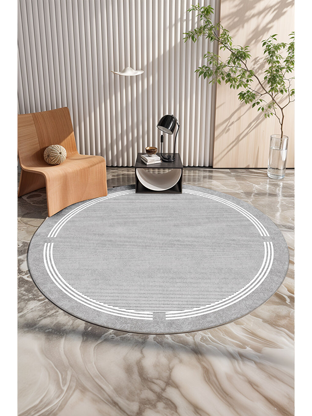 Gri Dekoratif Salon Halısı, Makinada Yıkanabilir, Kaymaz Taban, İnce & Modern Tasarım-3