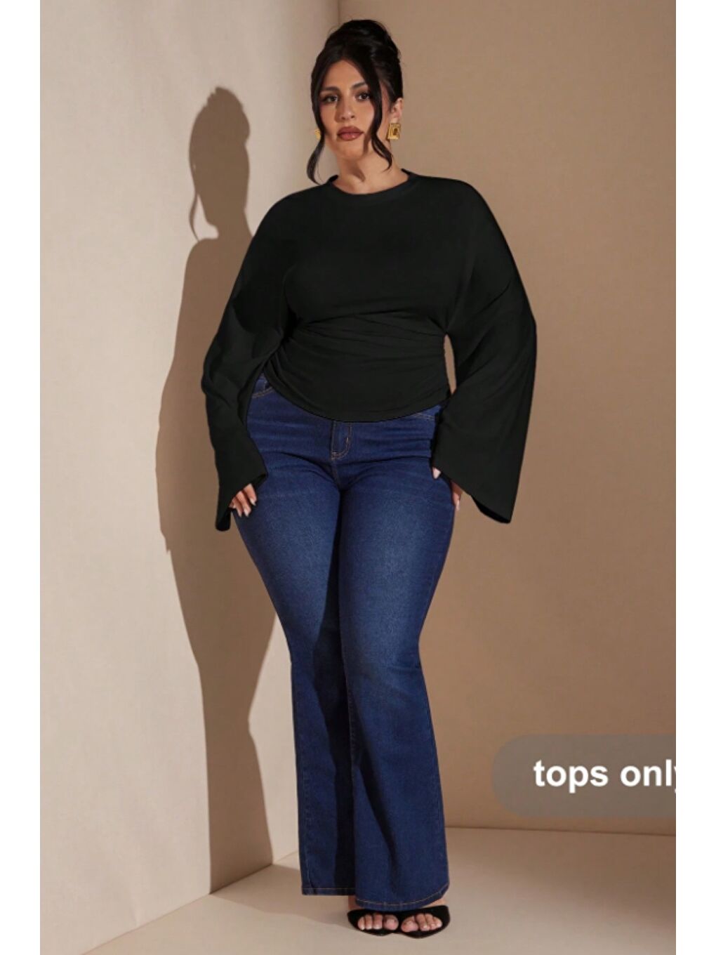 Siyah Büyük Beden Uzun Kollu Günlük Düz Renk Büzgülü Bel Geniş Kollu T-Shirt-2