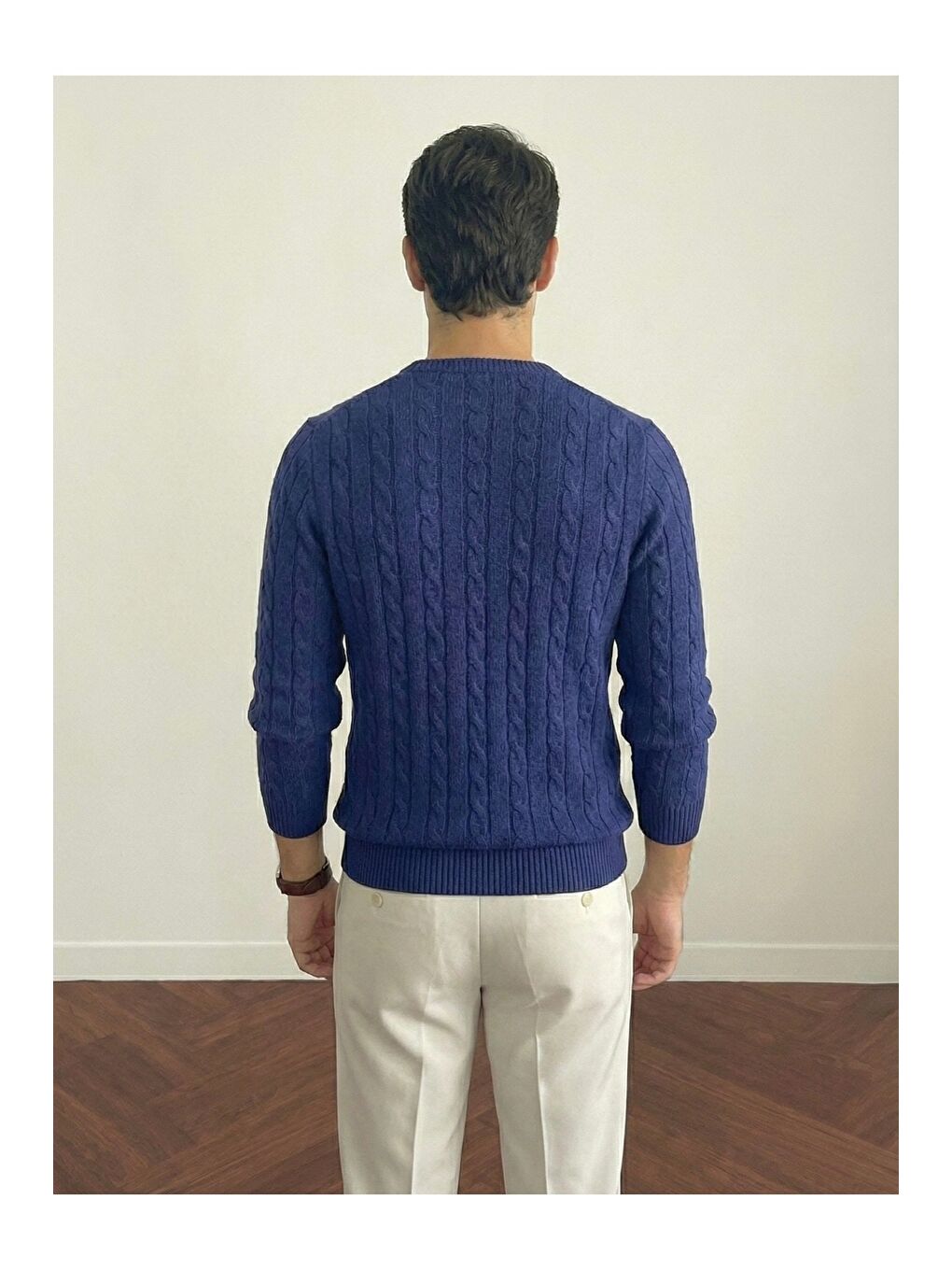 Lacivert Erkek Bisiklet Yaka Slim Fit Saç Örgülü Triko Kazak-3